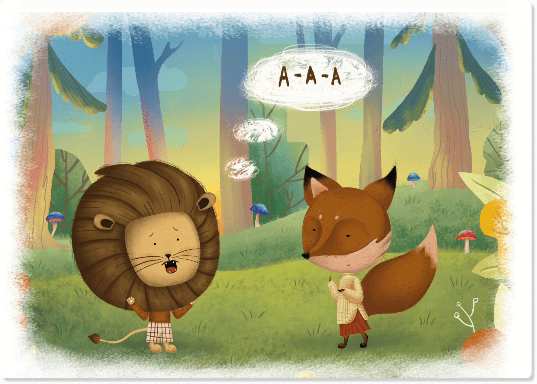 Animals (lion and fox) illustration for kids book
